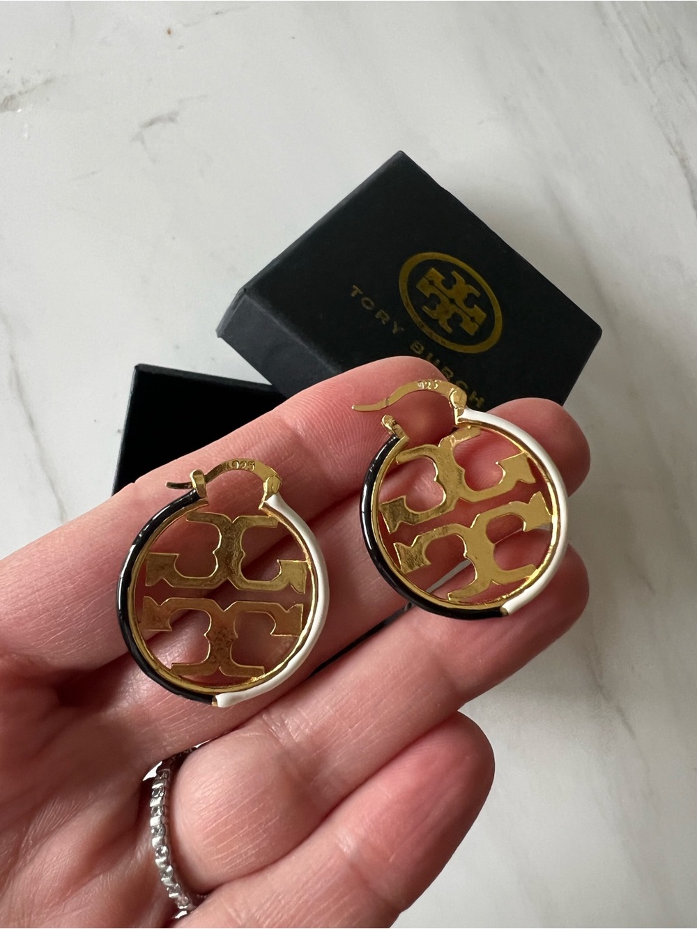 Tory Burch Gold & Enamel Logo Hoop Earrings